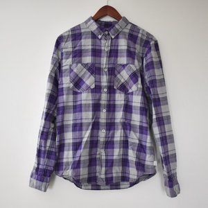 Warp & Weft cotton button up casual shirt, purple & gray plaid, men's M